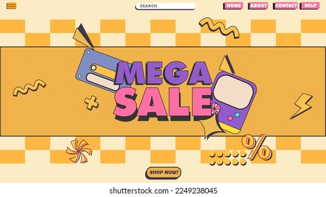 retro super mega sale design banner, landing page or poster