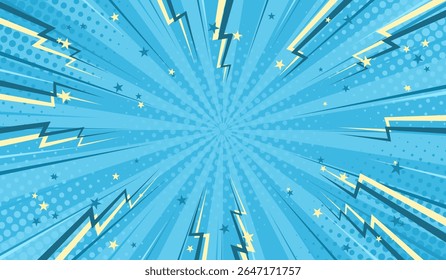 História em quadrinhos de super-heróis retrô em estilo pop art. Raios e raios sobre um fundo azul. Modelo de estilo pop art para texto de super-herói em quadrinhos, balão de fala, mensagem. Vetor EPS 10