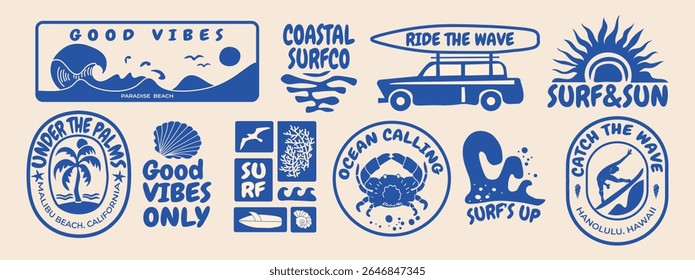 Retro surf club badge collection with ocean waves, palm trees, and tropical sun. Vintage vector emblems for t-shirt prints, beachwear design, summer logos, and coastal branding projects.