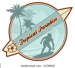 retro surf emblem with surfer's silhouette, palmtrees, abstract waves and copy-space