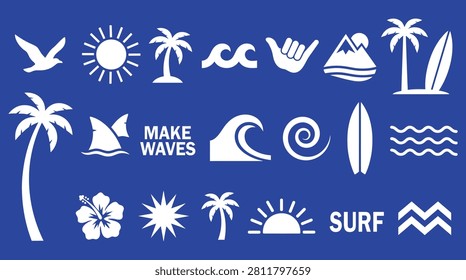 Retro surf summer line icon collection. Terracotta silhouette symbols featuring bird, sun, palm tree, waves, hand sign, mountain, surfboards, shark fin, hibiscus and starburst.