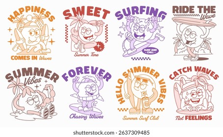Retro surf t-shirt design bundle, Summer beach t-shirt graphic set, Groove cartoon character t-shirt design for print
