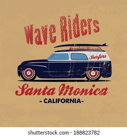 Retro surfer print for apparel. vector illustration