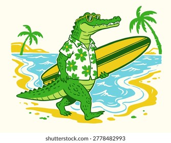 Retro surfing alligator, beach vacation art, tropical holiday scene, cool crocodile mascot, summer vibes graphic, ocean waves