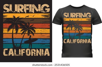 Retro 'Surfing California' t-shirt design with vibrant sunset colors and a palm tree silhouette. Ideal for surf lovers, this vintage-style graphic evokes beach vibes and adventure.