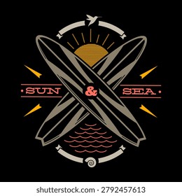 Retro surfing emblem featuring crossed surfboards, a rising sun, ocean waves, and a flying bird silhouette. Vintage coastal design inspired by beach lifestyle, summer adventures, surf culture, and tropical ocean vibes. Perfect for logos, apparel, stickers, branding, and travel-themed projects.