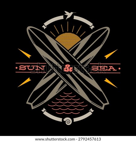 Retro surfing emblem featuring crossed surfboards, a rising sun, ocean waves, and a flying bird silhouette. Vintage coastal design inspired by beach lifestyle, summer adventures, surf culture, and tropical ocean vibes. Perfect for logos, apparel, stickers, branding, and travel-themed projects.