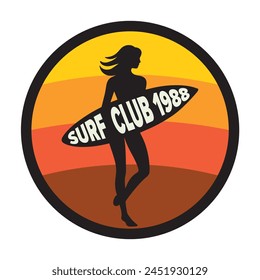 Retro surfing logo template, silhouette of a woman with a surfing board