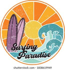 Retro Surfing Paradise Slogan Illustration with Sun Waves and Surfboards - Graphic Vector Print for Tee / T Shirt