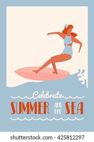 Retro surfing summer poster with surf girl riding the longboard. Flat retro surf poster.