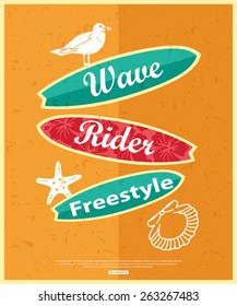 Retro surfing typographical poster with place for text for your design. Vector illustration.