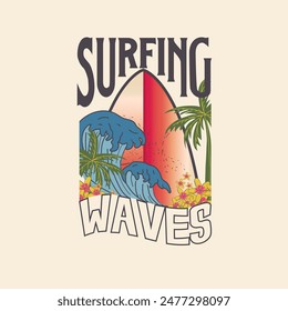 retro Surfing  Waves summer beach typography surf board graphic tee