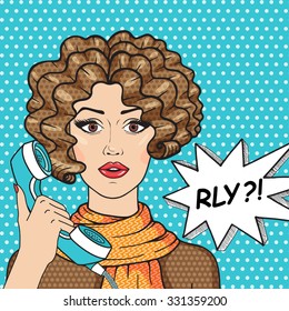 Retro surprised girl with old telephone and message RLY? Curly brunette girl pop art comic style vector illustration.