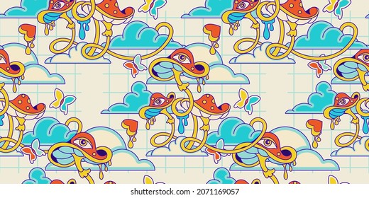 Retro Surreal Groovy Wallpaper With Crazy Fun Mushrooms. Trippy Hippy Mushroom, Floral Tricky Seamless Pattern.