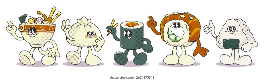 Retro sushi characters set - vintage style smiling rice rolls, nigiri and maki, bowl with ramen mascots showing peace sign. Japanese cuisine funny cartoon personages collection for cafe design.