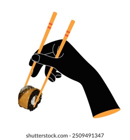 Retro sushi in collage style. A variety of roll flavors. Abstract hand with chopsticks and sushi. Design element for advertising a Japanese restaurant, menu, sushi bar