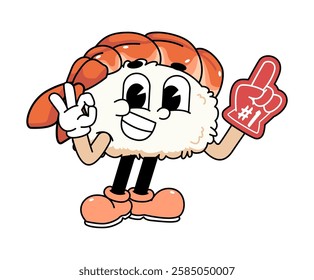 Retro sushi mascot logo, ebi sushi,shrimp sushi with Ok pose and wearing number one glove