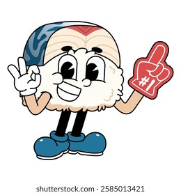 Retro sushi mascot logo, mackerel sushi with Ok pose and wearing number one glove