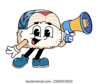 Retro sushi mascot logo, mackerel sushi hold megaphone