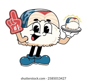 Retro sushi mascot logo, mackerel sushi wearing number one glove