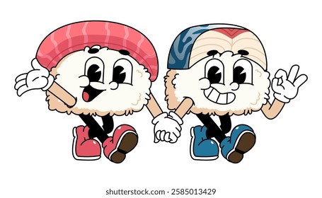 Retro sushi mascot logo, mackerel sushi walk together with salmon sushi