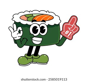 Retro sushi mascot logo, maki sushi, sushi roll with Ok pose and wearing number one glove