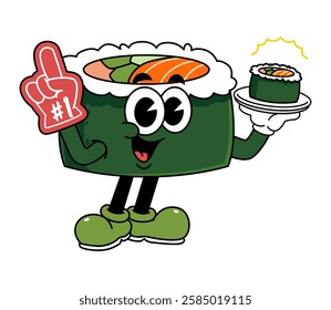 Retro sushi mascot logo, maki sushi, sushi roll wearing number one glove