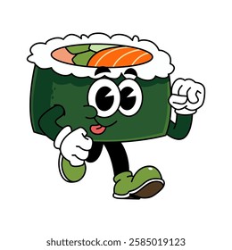 Retro sushi mascot logo, maki sushi, sushi roll run