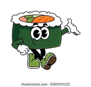 Retro sushi mascot logo, maki sushi, sushi roll welcome pose