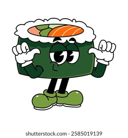 Retro sushi mascot logo, maki sushi, sushi roll optimistic pose