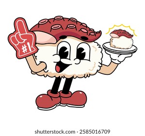 Retro sushi mascot logo, octopus sushi wearing number one glove