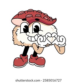 Retro sushi mascot logo, octopus sushi love hand pose