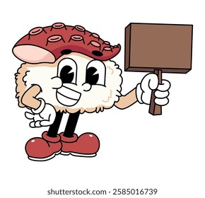 Retro sushi mascot logo, octopus sushi hold a wooden sign