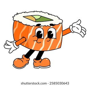 Retro sushi mascot logo, sake sushi roll, salmon sushi sushi Welcome pose