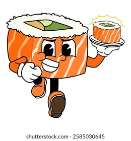 Retro sushi mascot logo, sake sushi roll, salmon sushi sushi delivery