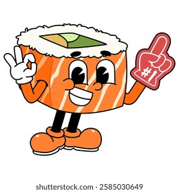 Retro sushi mascot logo, sake sushi roll, salmon sushi sushi with Ok pose and wearing number one glove