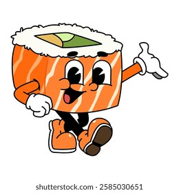 Retro sushi mascot logo, sake sushi roll, salmon sushi sushi welcome pose