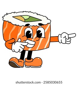 Retro sushi mascot logo, sake sushi roll, salmon sushi sushi pointing with right hand