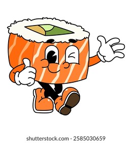 Retro sushi mascot logo, sake sushi roll, salmon sushi sushi waving hand