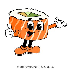 Retro sushi mascot logo, sake sushi roll, salmon sushi sushi thumbs up pose