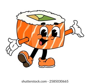 Retro sushi mascot logo, sake sushi roll, salmon sushi sushi welcome pose