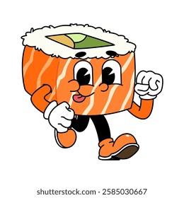 Retro sushi mascot logo, sake sushi roll, salmon sushi sushi run