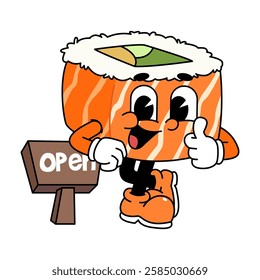 Retro sushi mascot logo, sake sushi roll, salmon sushi sushi Lean on a wooden sign