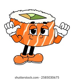 Retro sushi mascot logo, sake sushi roll, salmon sushi sushi optimistic pose