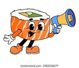 Retro sushi mascot logo, sake sushi roll, salmon sushi sushi hold megaphone