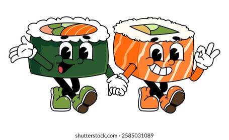 Retro sushi mascot logo, sake sushi roll, salmon sushi walk together with salmon sushi