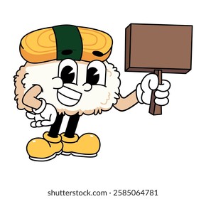 Retro sushi mascot logo, tamago sushi hold a wooden sign