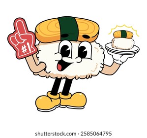 Retro sushi mascot logo, tamago sushi wearing number one glove