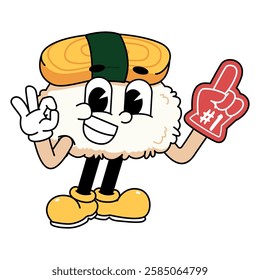 Retro sushi mascot logo, tamago sushi with Ok pose and wearing number one glove