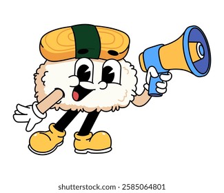 Retro sushi mascot logo, tamago sushi hold megaphone